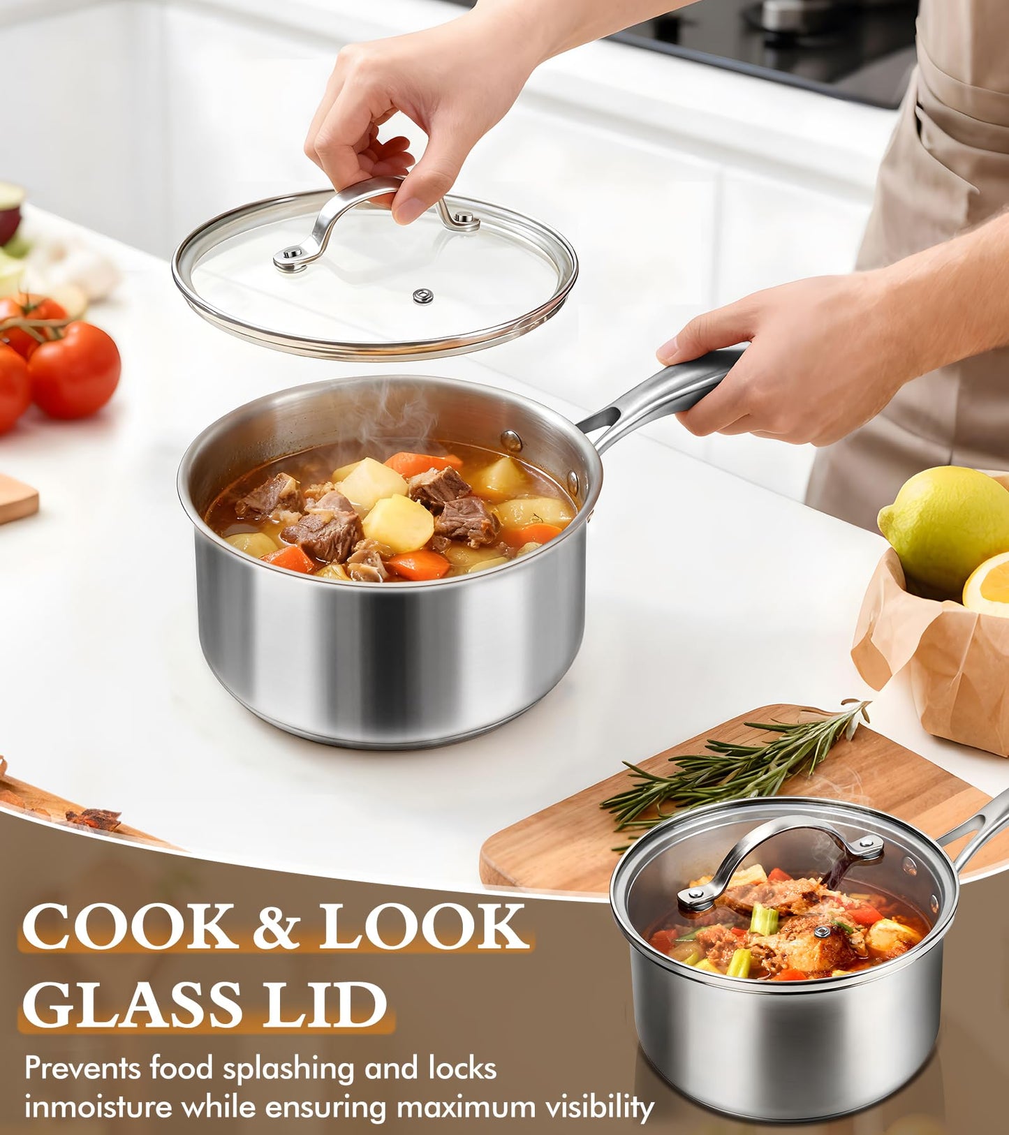 Stainless Steel Saucepan Set with Lids 1.5QT & 2.2QT, Tri-Ply Stainless Steel Sauce Pot Set, Induction Saucepans, 4 Pcs Nonstick Saucepans Cookware Set, Dishwasher Safe
