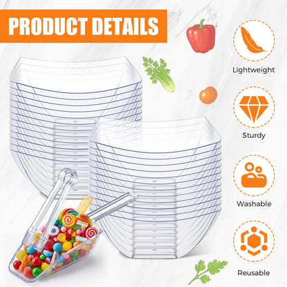 Vesici 48 Pcs 8 oz Clear Plastic Candy Bowls 24 Pcs with 12 Scoops and 12 Tongs Square Dessert Candy Bowl Buffet Containers Disposable Party Ice Cream Salad Dish for Serving Food Appetizers Supplies