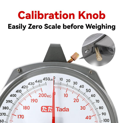 Tada Game Scale 450lb Mechanical Hanging Scale with 8 Inch Dial, Heavy-Duty Design for Kitchen, Fishing, Outdoor Use, and Farms