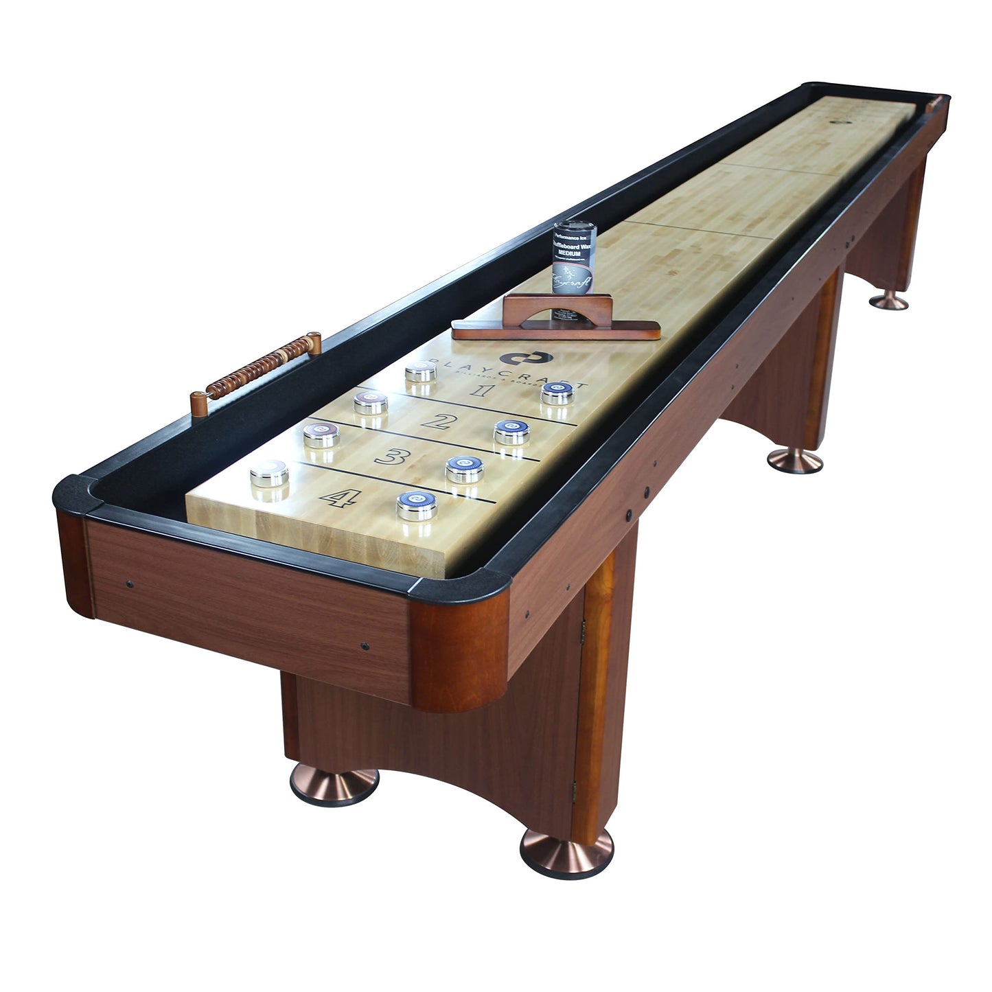 Playcraft Woodbridge Shuffleboard Table with Storage Cabinet - Shuffle Board Game Table Set with Matching Abacus, 8 Pucks, Brush & Wax (Made in USA) - Pro Style Climate Adjusters - Cherry - 16ft