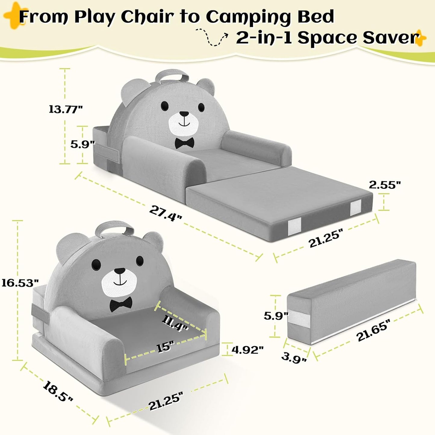 Cozy Kids Sofa Bed with Removable Washable Cover & Magic-Tape Backrest Foldable Toddler Chair Kid Couch, Crystal Velvet