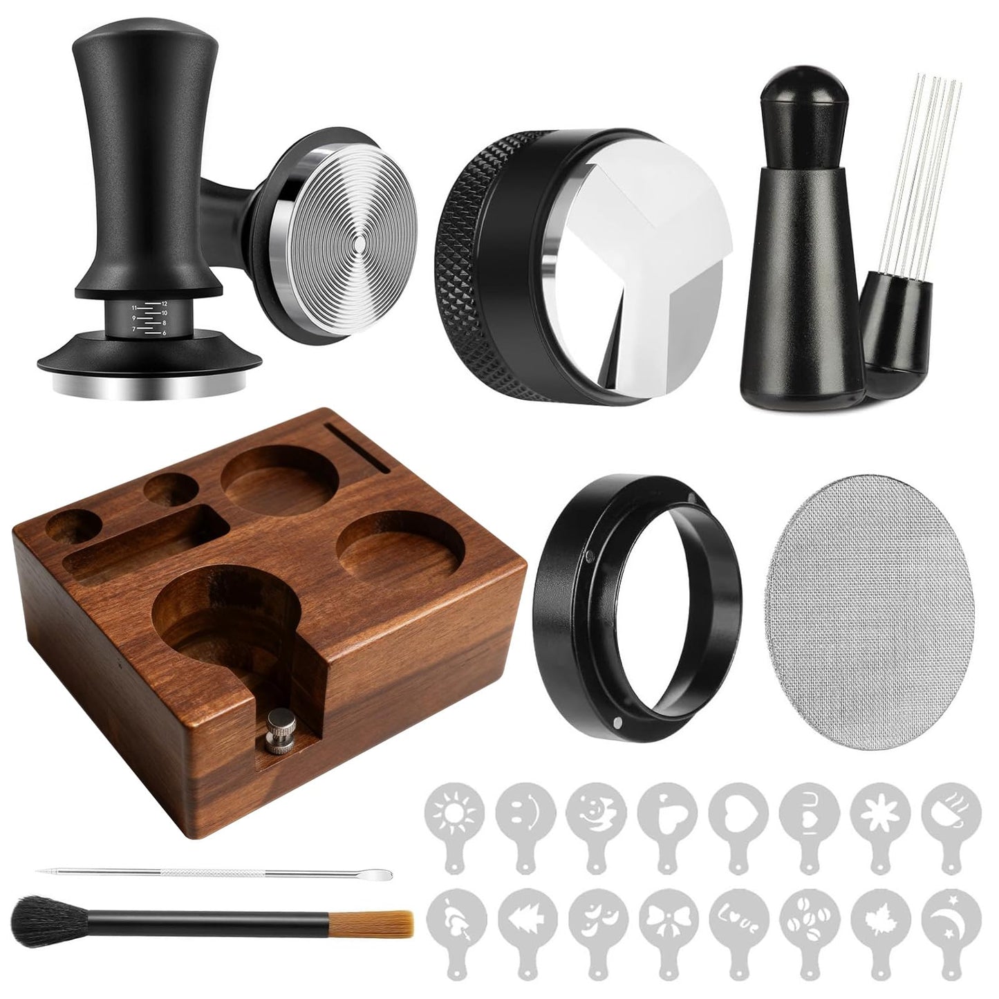 YAQUHO 9 Pcs Espresso Accessories Kit, 51mm Espresso Tamper Tools, with Wooden Espresso Tamping Station, Distributor, Stirrer, Dosing Funnel,Puck Screen, Brush, Latte Art Pen and Decorative Stencils