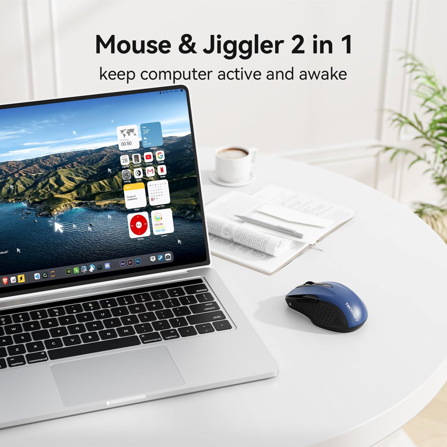 TECKNET Rechargeable Jiggler Wireless Mouse (BT5.0/3.0 & 2.4G) 4800 DPI Silent USB A & Bluetooth Mouse 6 Buttons, Wide Compatibility - Black
