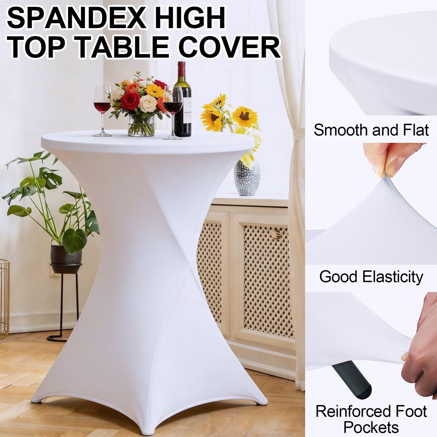 HTVSHEE 2 Set 32" Cocktail Tables Round Folding High Top Tables with Removable Legs & 2 White Stretch Table Cover Hightop Table for Bar Indoor Parties Patio Wedding