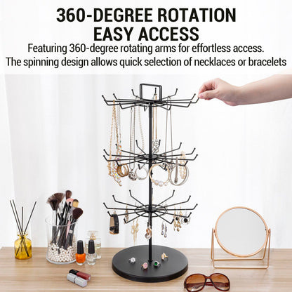 MyGift 3-Tier Matte Black Metal Jewelry Tree Display Stand – 360 Rotating Necklace & Bracelet Organizer Tower with 36 Hooks and Top Sign Holder