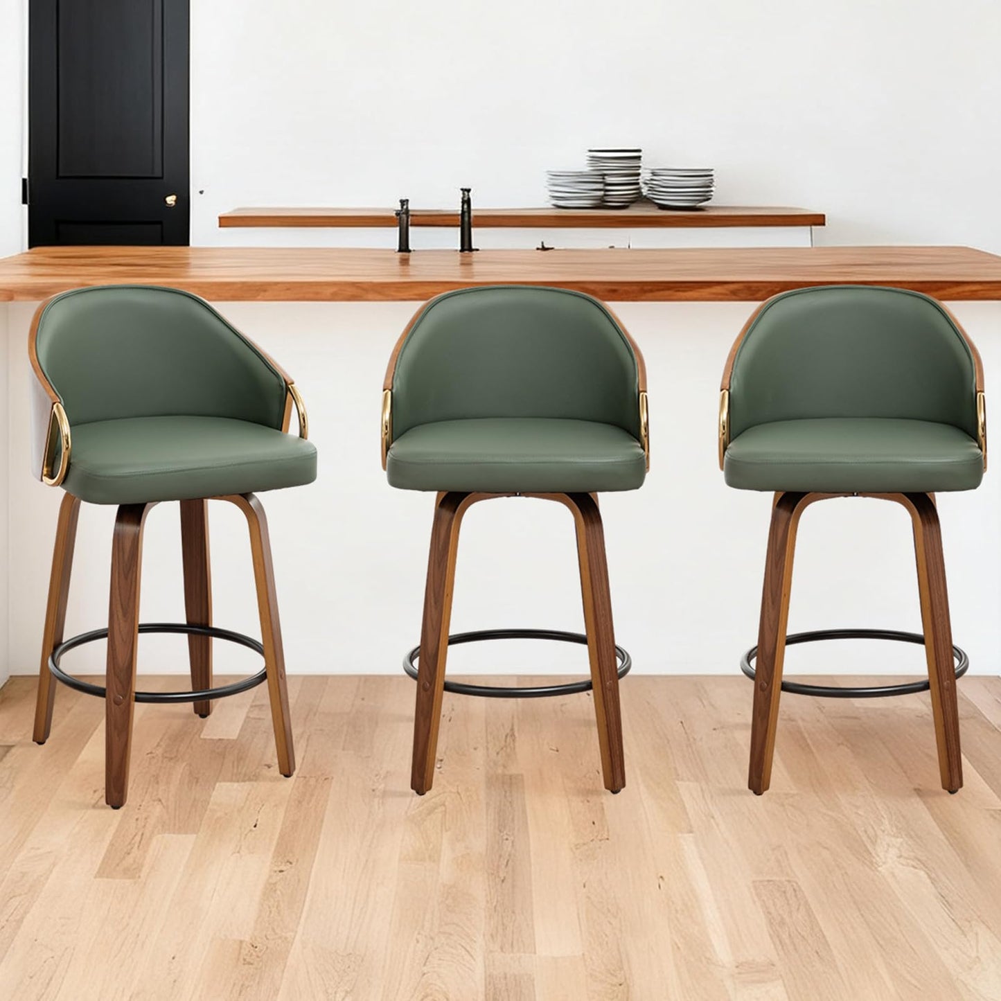 YOUUGIOR 24.8" Swivel Counter Height Bar Stools Set of 3,Green Leather Barstools Mid Century Modern Bar Chairs with Wood Legs and Golden Arms for Kitchen Dining Pub Cafe
