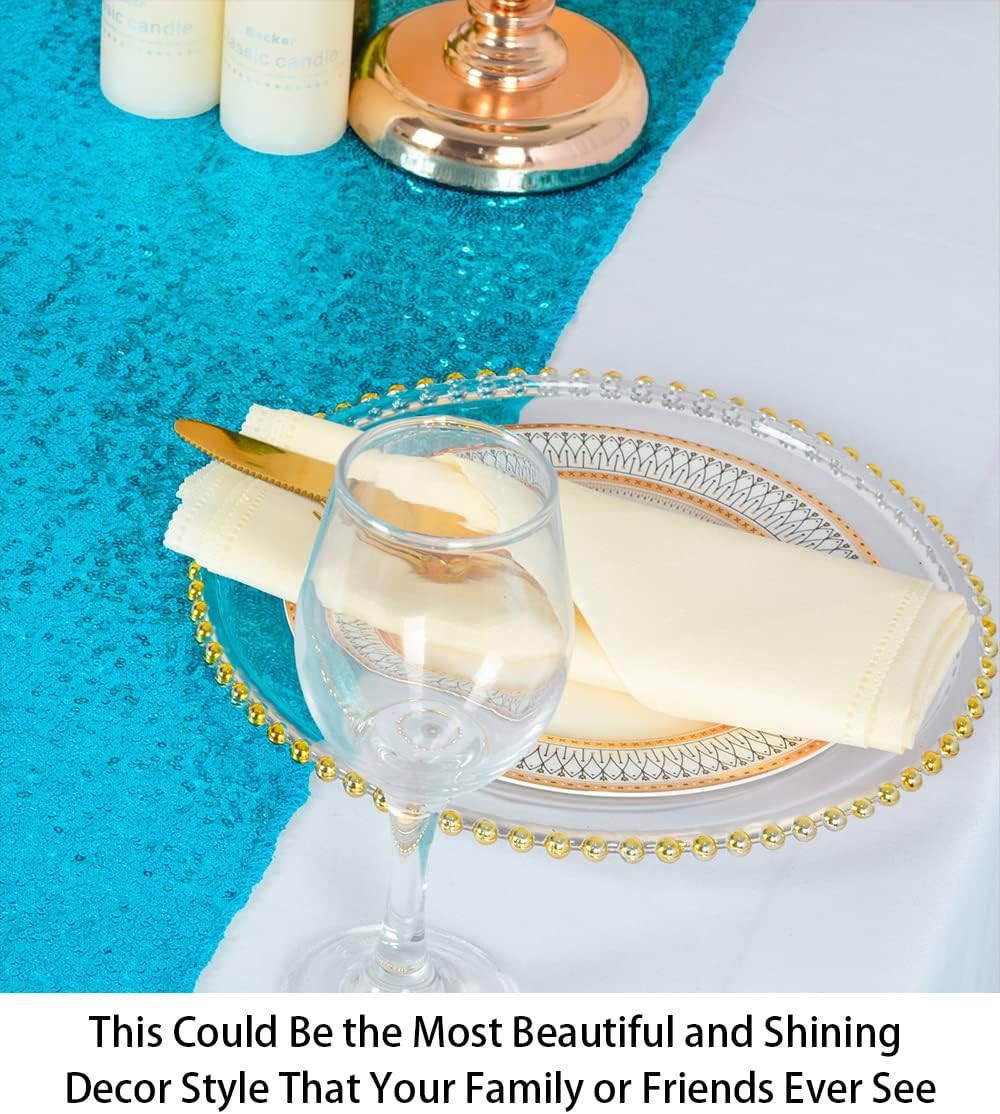 ShinyBeauty Turquoise Sequin Table Runner 12x108-Inch Aqua Party Runner for 30th Birthday Decorations