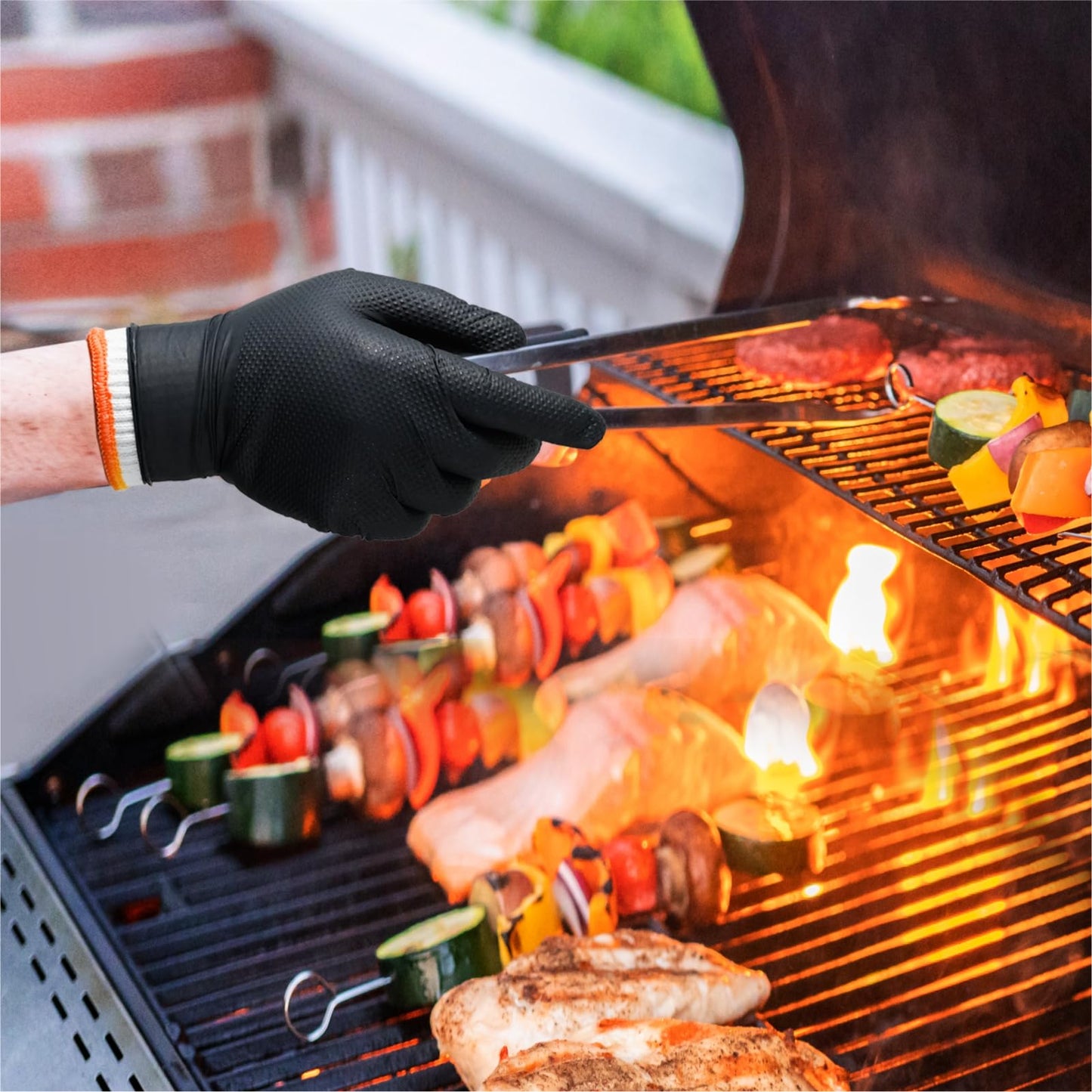 ANBOSON BBQ Gloves for Grilling Disposable Heat Resistant - 100 Nitrile Gloves + 4 Reusable Cotton Liners for Barbecue Smoker, Cooking Hot Meat - 10Mil Thick, Non-Slip Grip - Black Large