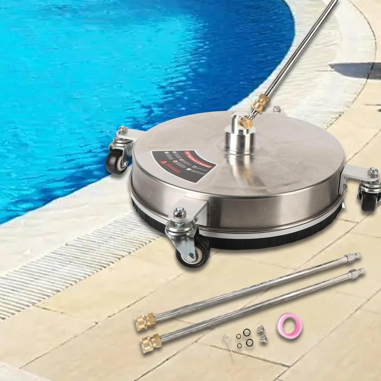 TRELVEX 15inch Pressure Washer Surface Cleaner with 2 Wand Power Washer Attachment 1/4'' Quick Connect for Patios Decks with 4 Wheels