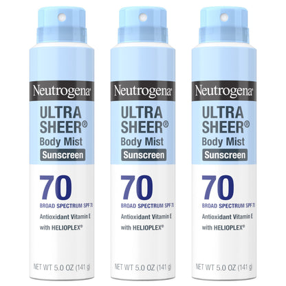 Neutrogena Ultra Sheer Body Mist Sunscreen Spray, Broad Spectrum SPF 70, Lightweight Spray Sunscreen, Non-Greasy & Water Resistant, Oil-Free & Non-Comedogenic UVA/UVB, 5 oz, Pack of 3