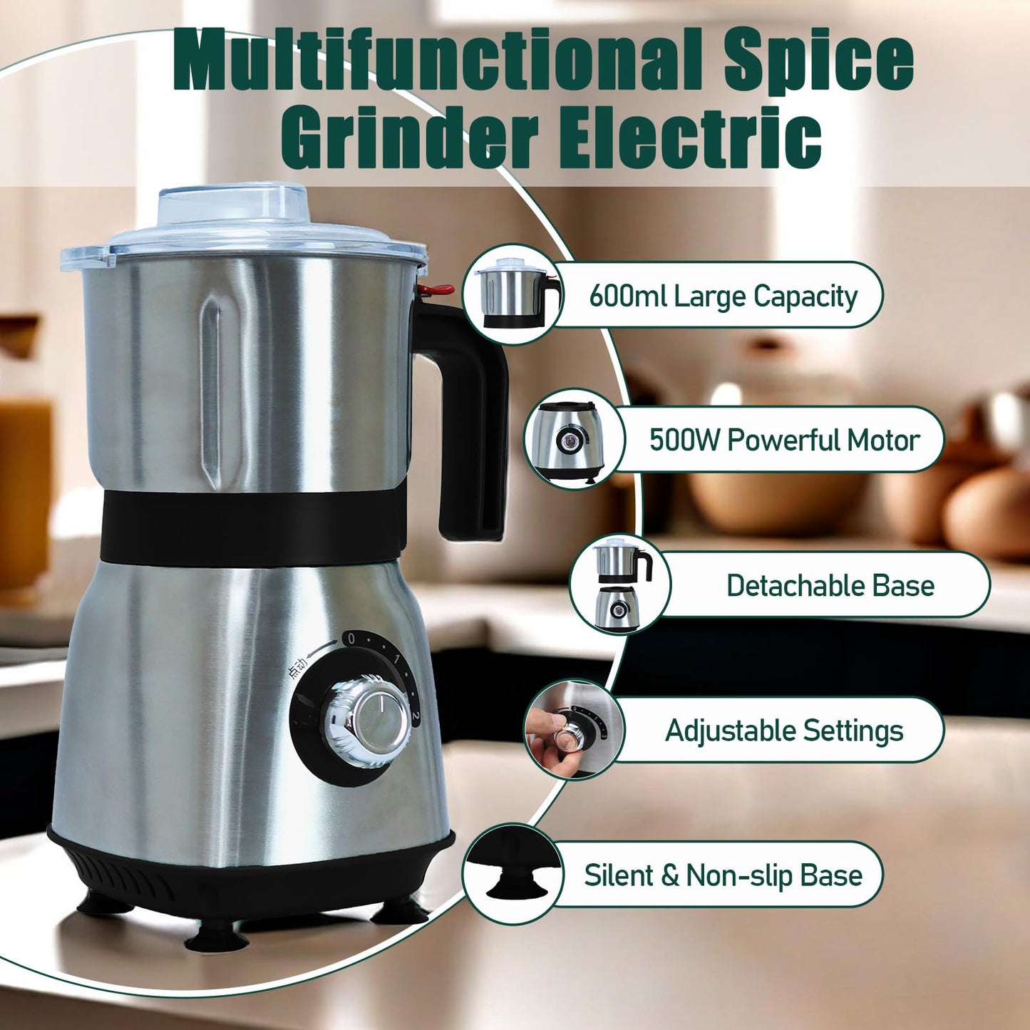 Grinder for Kitchen, Spice Grinder Electric Dry Comes With 3 Removable Stainless Steel Blades, 500w Suitable For Grinding Spices, Herbs, Coffee Beans, Grains, Nuts (Black)