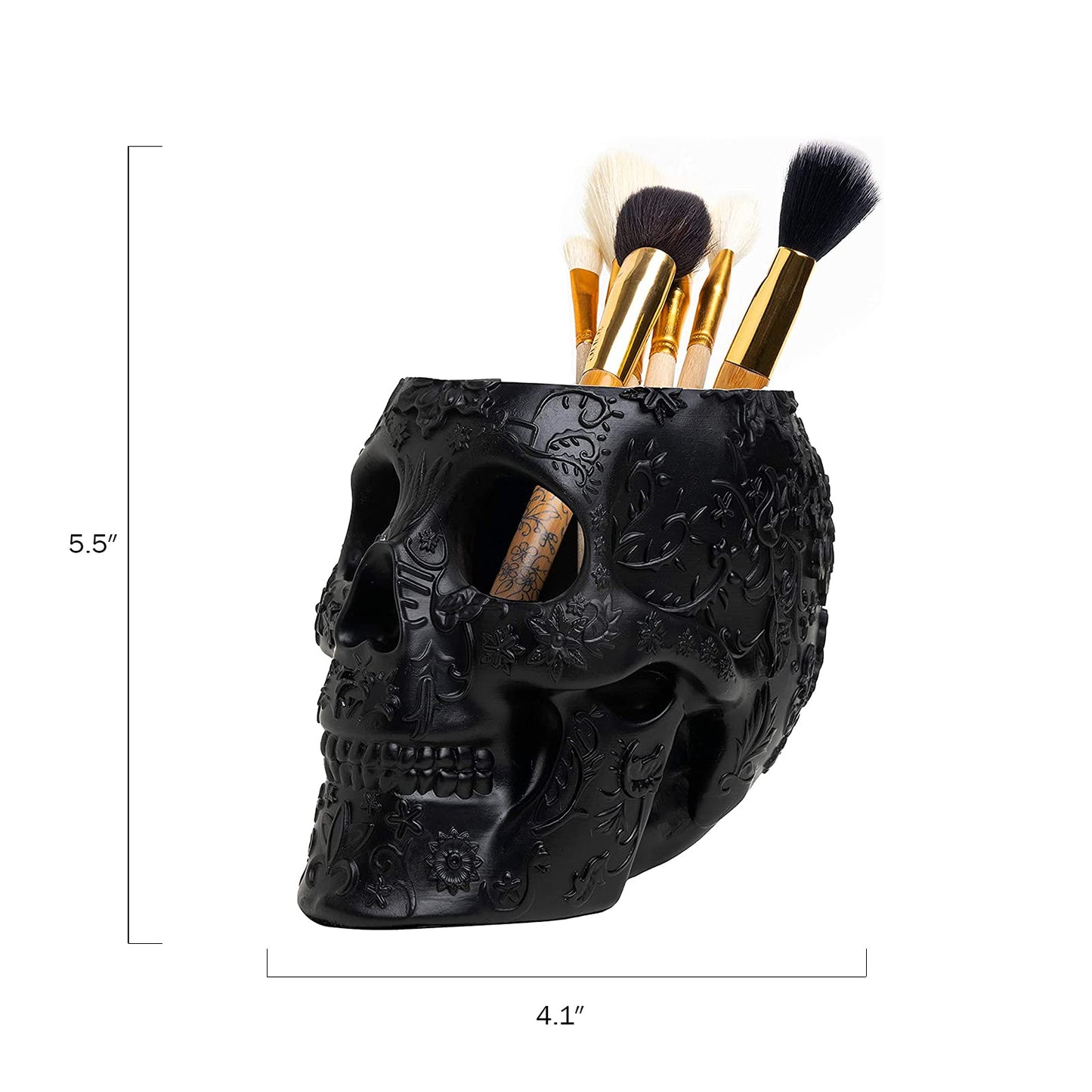 Skull Makeup Brush Holder, Pen Holder, Vanity, Desk, Office Organizer, Stationary, Decor Planter , Candy Bowl , Goth Decorations , Extra Large, Skulls Gothic Skull & Bones Organizer Bathroom (Black)