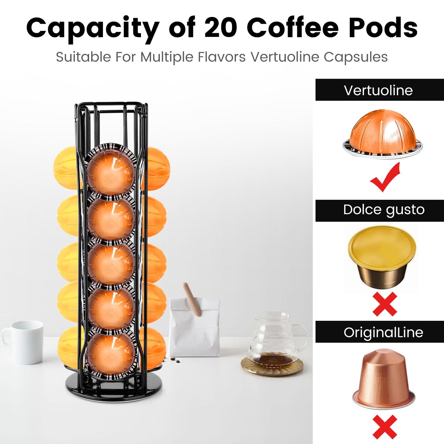 Coffee Pod Stand Holder for Nespresso Vertuoline 20 Pods, Coffee Bar Vertuo Pod Organizer Rack, 360° Rotating Coffee Capsule Holds Storage, 20 Pods Holder Spinner for Nespresso Vertuo Line (Black)