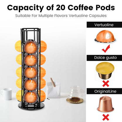 Coffee Pod Stand Holder for Nespresso Vertuoline 20 Pods, Coffee Bar Vertuo Pod Organizer Rack, 360° Rotating Coffee Capsule Holds Storage, 20 Pods Holder Spinner for Nespresso Vertuo Line (Black)