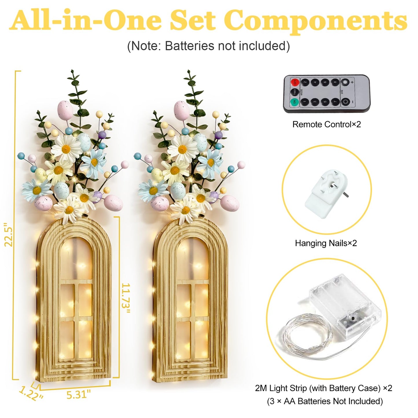 HOMECOR Easter Wall Decor Set of 2 - Boho & Modern Farmhouse Hanging Wooden Vase with Fairy Lights & Artificial Plants, Spring Wall Art for Living Room, Bedroom, Bathroom, Mothers Day Home Decor Gift