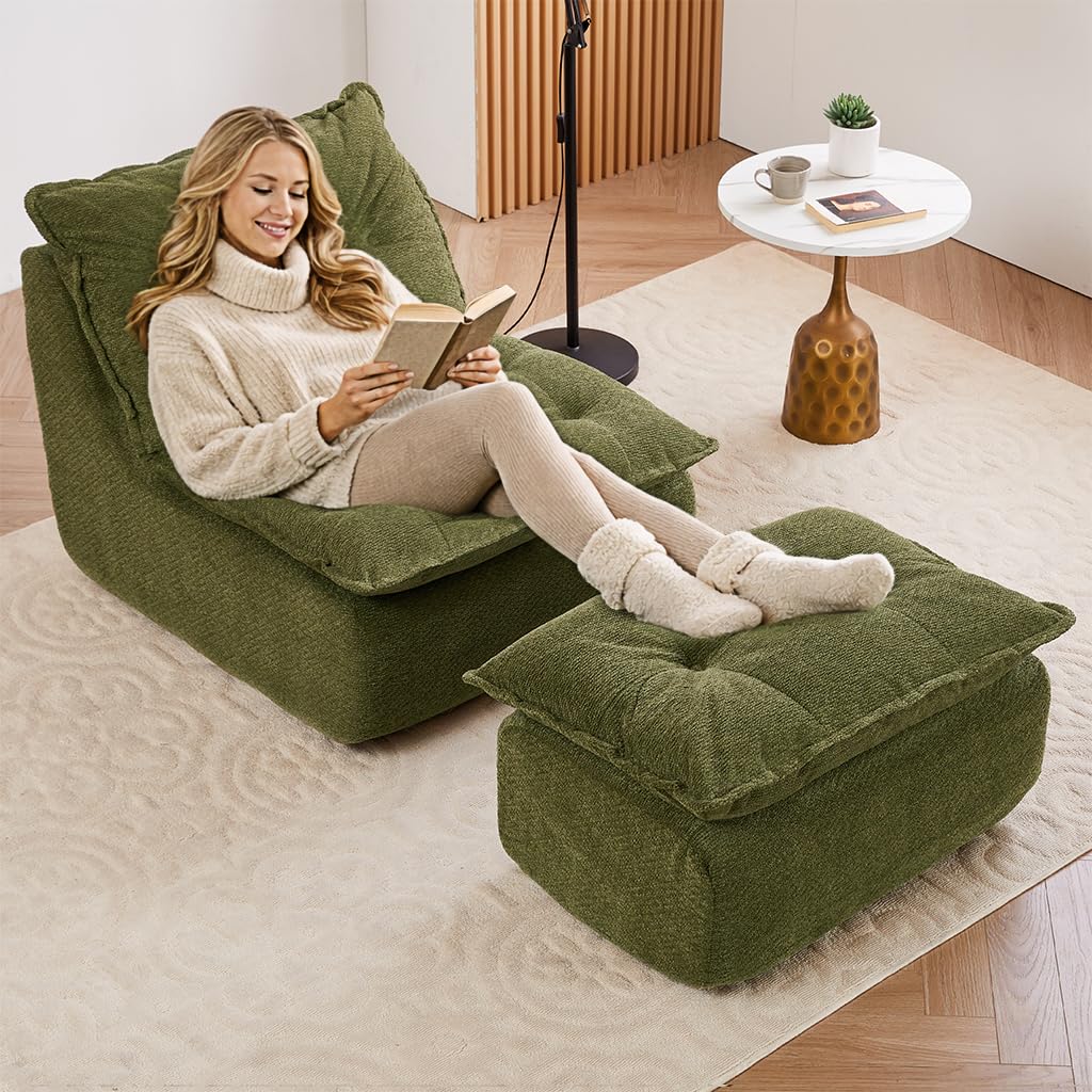ENYLAY Single Chaise Lounge Chair, 62.2" Lazy Sofa Bean Bag Chair with Ottoman – Modern Boneless Floor Lounger for Bedroom or Living Room, Cozy Cloud Sleeper (Green)