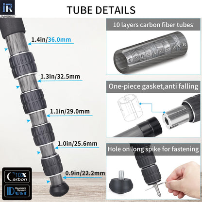 INNOREL KT365C Compact Carbon Fiber Camera Tripod 36mm Max Tube Professional 5 Sections Travel Tripod for Digital DSLR Video Camcorder Heavy Duty Camera Stand Load 66.1lb/30kg with Center Column