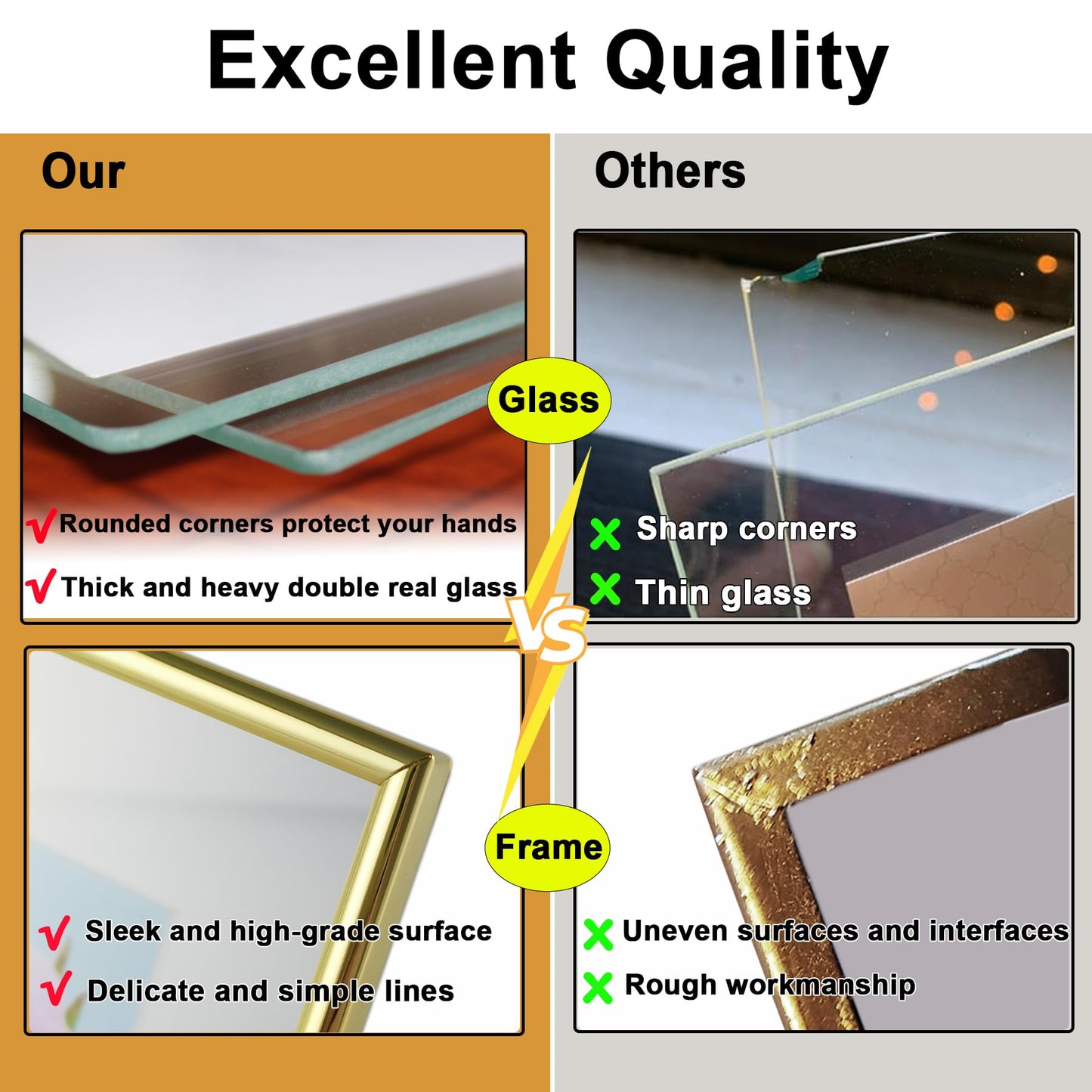 CROXXID 8x10 Picture Frame set of 2, for 5x7 6x8 with Floating Effect, for 8 x 10 without Floating, Double Real Glass Photo Frames Only for Tabletop, Home or Wedding Decoration Gift (Vertical Gold)