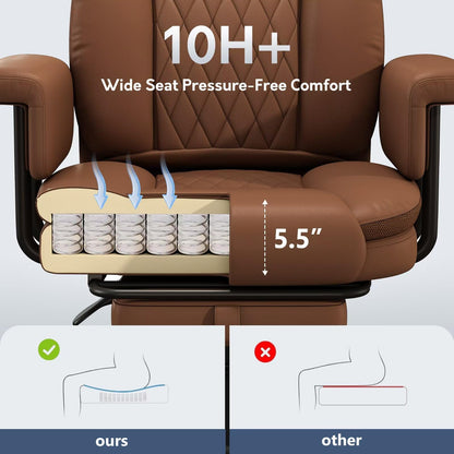 JULYMON Executive Office Chair Big and Tall 500LBS, 165° Reclining Heavy Duty Office Chair with Footrest & Quiet Rubber Wheels, Height Adjustable, Soft Strong Padded Arms, Brown