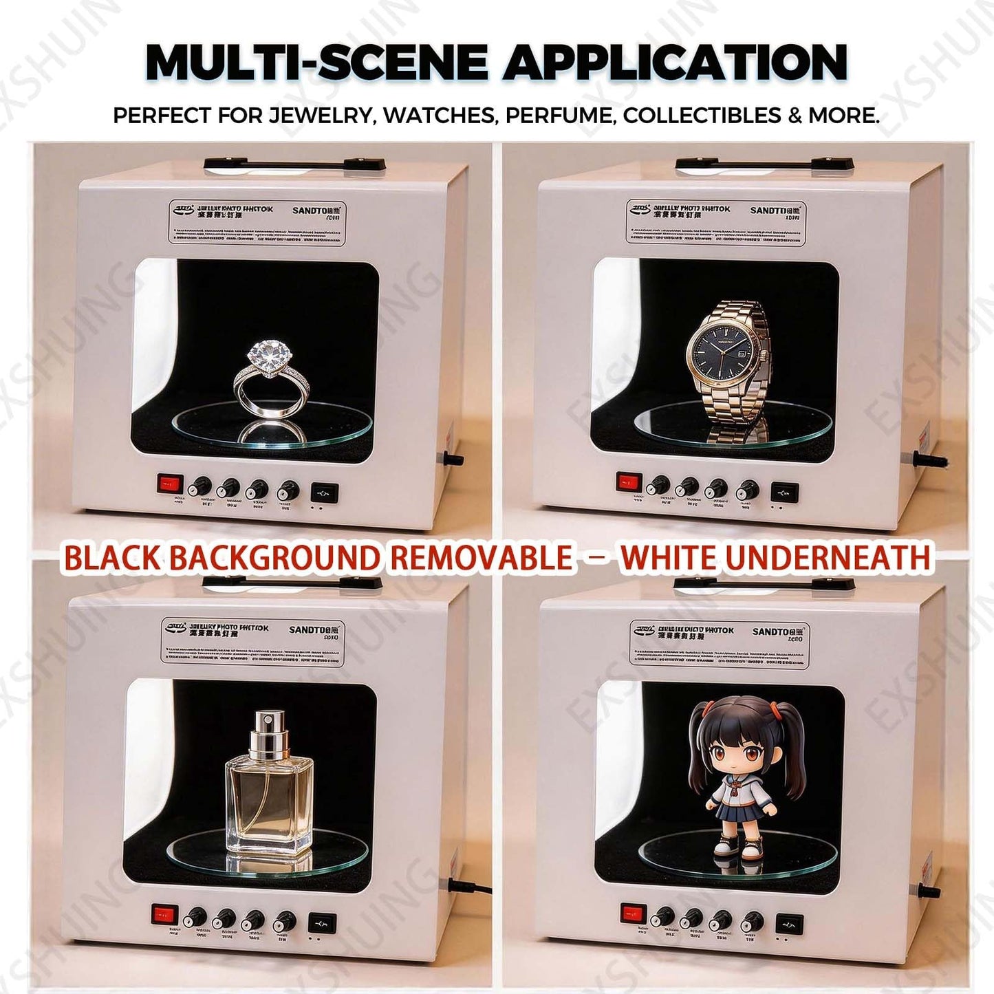 EXSHUING Jewelry Photography Light Box with Turntable, Dimmable Led Photo Tent – 360° Auto-Rotation, 1kg/2.2lbs Load, Hanging Bracket Included, 3000-5500k, CRI>92%, for Stunning Gemstone & Gold(TB30)