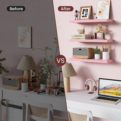 BAYKA Floating Wall Shelves - Set of 3 Pink Wood Shelves for Bathroom, Bedroom & Living Room | 15.7in, 22lbs Capacity