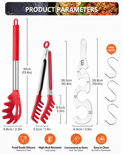 Silicone Spaghetti Spoon & Pasta Tong With Pasta Measurer, 3 Pack of Non-Stick Stainless Steel Handle Pasta Fork Set with Teeth, Food Clip for Easy Serving of Noodles (RED)