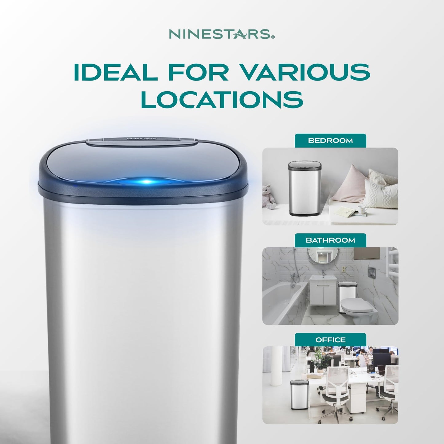 Ninestars 13 Gallon Oval Automatic Trash Can, 50L Touchless Motion Sensor Garbage Can with Odor-Sealing Lid & One-Touch Manual Mode, Silver Stainless Steel, Black Trim