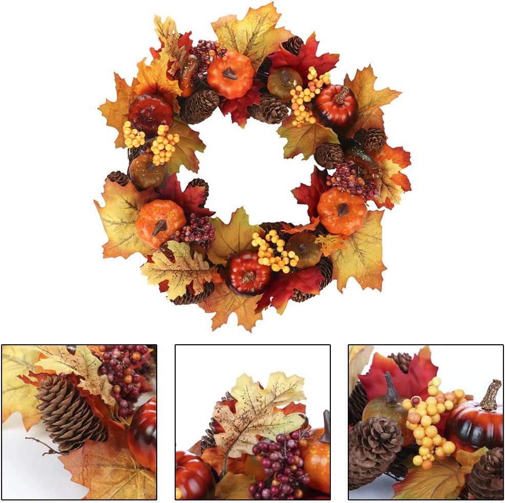 Lighted Fall Harvest Thanksgiving Wreath with Maple Leaf - 12 Inches, Front Door Wall Decor