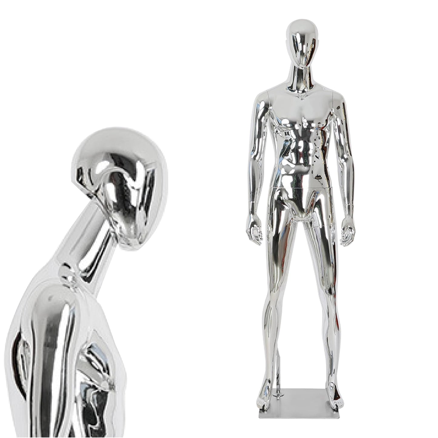 Full Body Male Mannequin with Chrome Metallic Finish, Fiberglass Abstract Dress Form with Posable Head, Futuristic Retail Display Dummy with Metal Base for Men's Fashion Window(Chrome Silver)