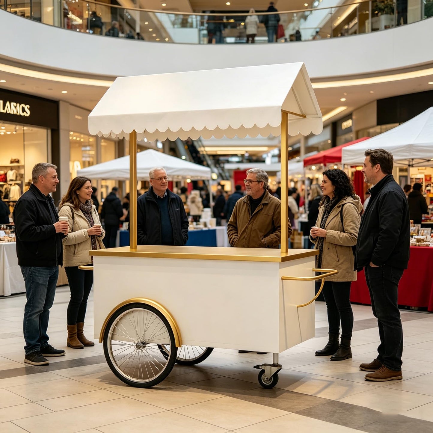 FUNEWBO Luxury White Gold Vendor Cart with Scalloped Awning,Wheeled Food Display Trolley,Elegant Serving Cart for Wedding,Party & Small Business(47.2 * 27.5 * 78.7in, White)