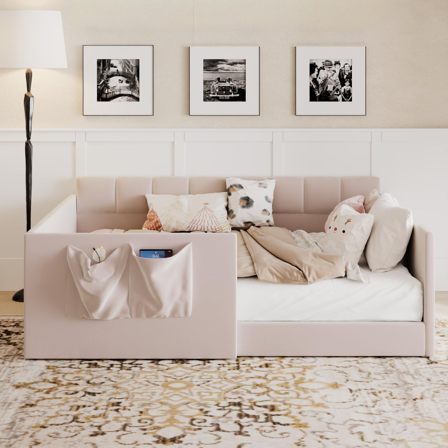 Merax Full Daybed Velvet Upholstered Sofa Bed with High Guardrail and Side Entrance, Space-Saving Full Floor Day Bed with Storage Pockets for Guest Room Apartment, Easy Assembly, Noise-Free, Pink