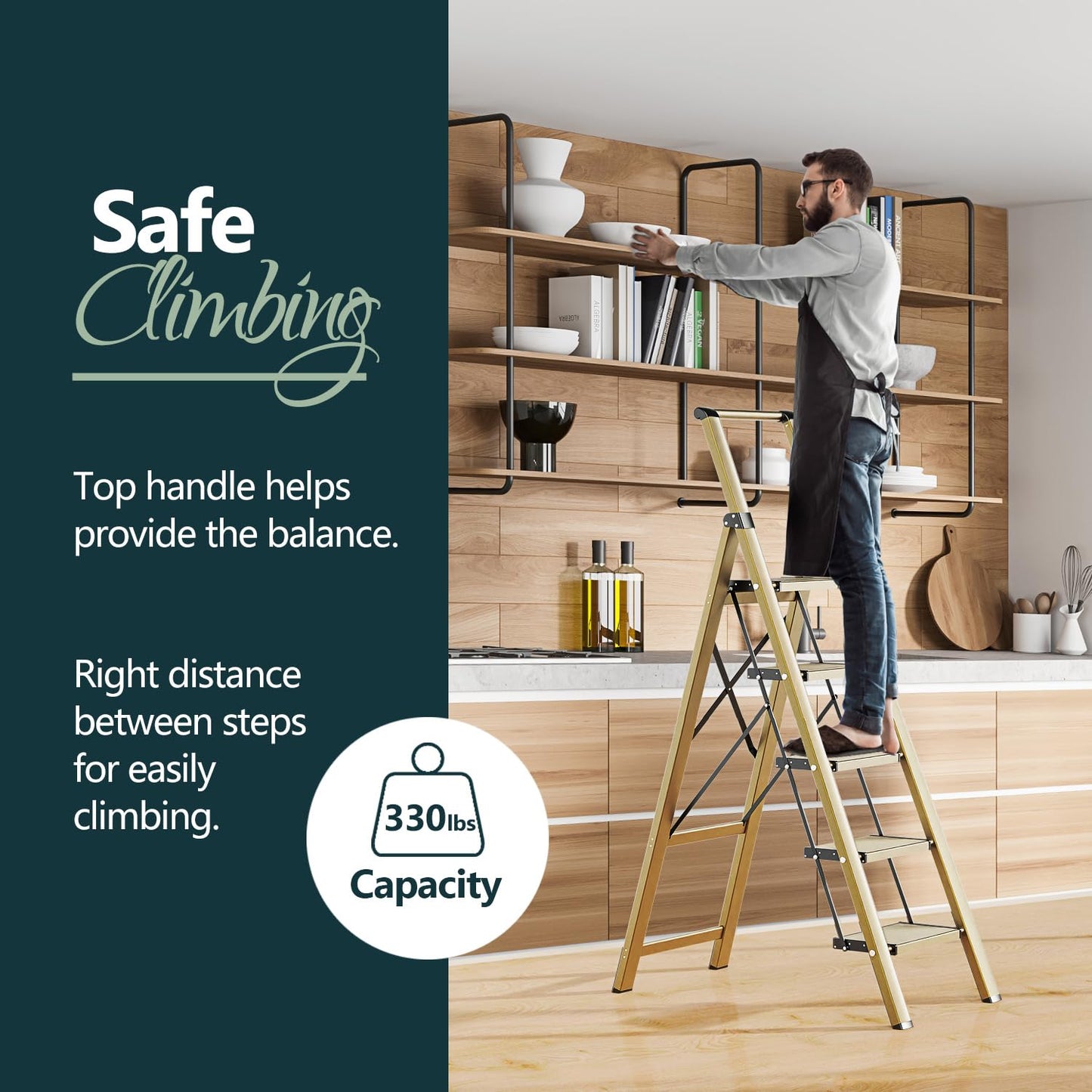 WOA WOA 5 Step Ladder for 10 Feet High Ceiling, Lightweight Foldable Ladder with Non-Slip Wide Pedals, Step Stool with Safe Handrail, Space Saving for Home, Kitchen, Indoor & Outdoor 300lbs - Gold