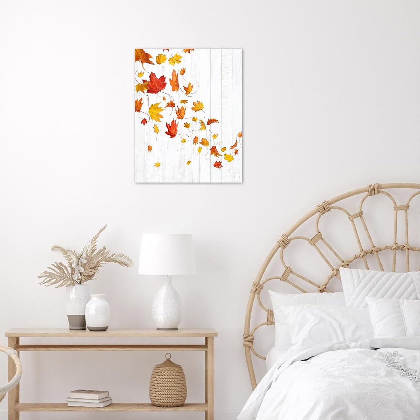 LB Farmhouse Fall Wall Art - Red Orange Maple Leaf on Rustic Grey Canvas, Ready to Hang for Living Room and Bedroom,