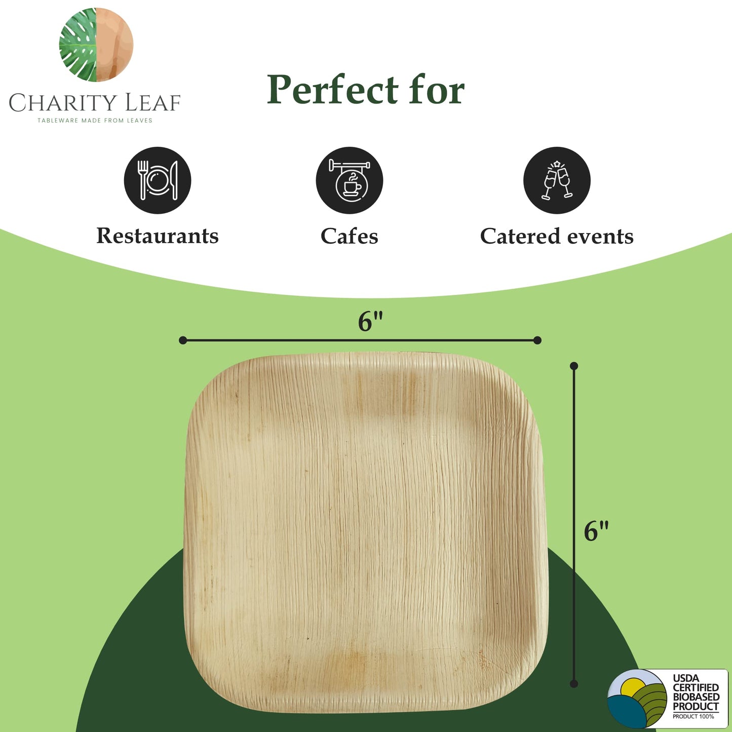 Charity Leaf Disposable Palm Leaf 6" Square Plates (1000 pieces) Bamboo Like Serving Platters, Disposable Boards, Eco-Friendly Dinnerware For Weddings, Catering, Event
