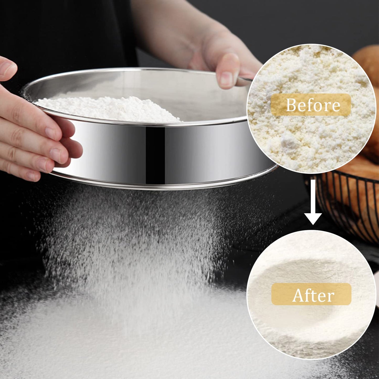 6 Pieces Stainless Steel Flour Sifter, Round Flour Sifter 40 Mesh, Premium Rustproof Flour Sieve Fine Mesh for Baking Cake Bread Pies Pastries Cupcakes（Different sizes）