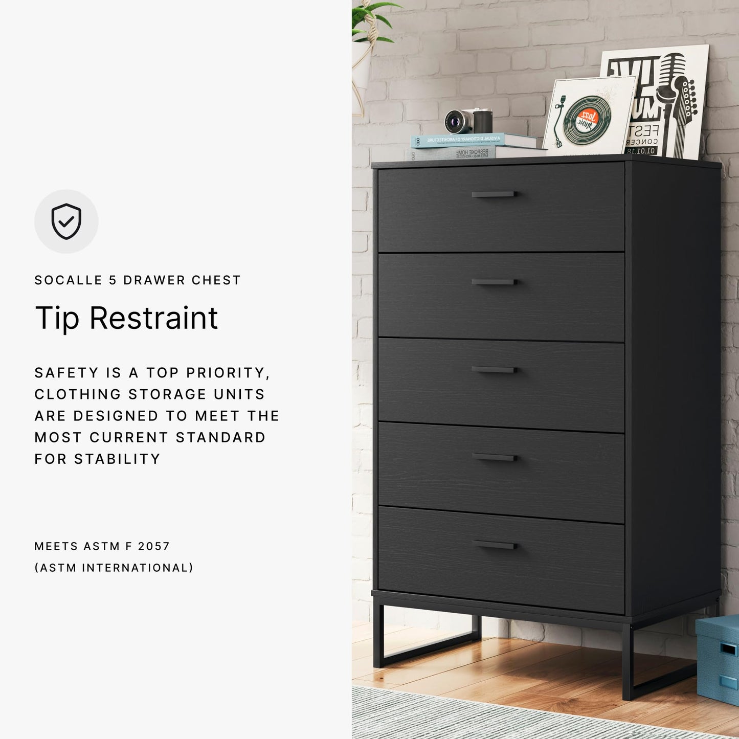 Signature Design by Ashley Socalle Casual Contemporary Chest of Drawers with Dark Pewter Hardware and Metal Legs, 5 Drawers, Wood, 50.67" High, Matte Black