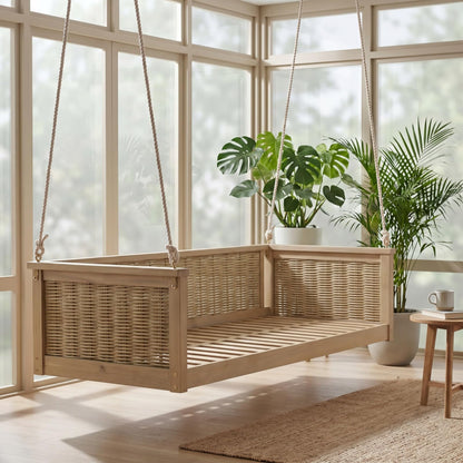 Outdoor Twin Size Porch Swing Bed w/Solid Wood Frame for Garden, All Weather Wooden Swing Bench w/Hand Woven Rattan Backrest & Armrest for Patio, Deck, Balcony, Backyard (Light Teak)