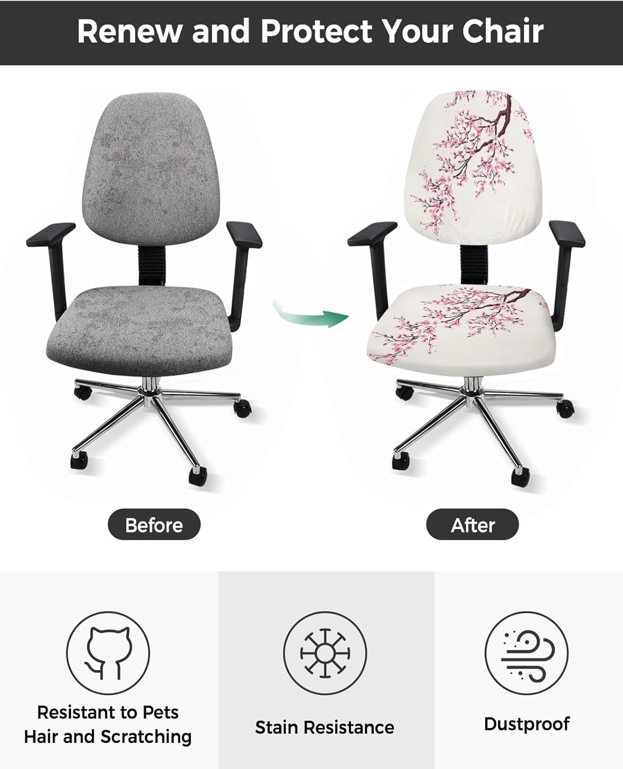 Cherry Blossoms Office Chair Cover, Stretchable Computer Chair Seat Cover, Pink Spring Floral Design
