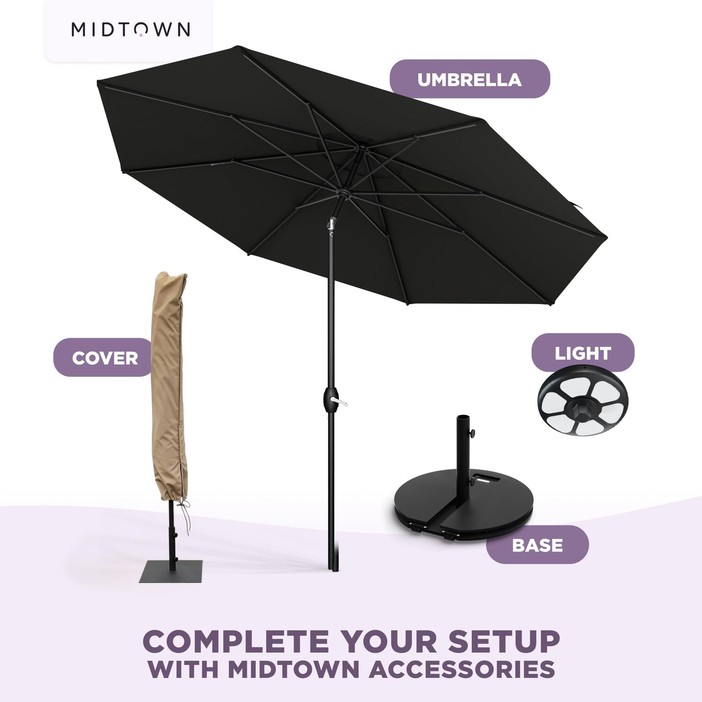 Midtown Umbrellas - The Lean 9 Ft Patio Umbrella with Fade-Resistant Sunbrella Fabric, Auto-Tilt Aluminum Frame and 8 Reinforced Ribs for Deck, Pool & Garden - Black Canopy, Black Pole