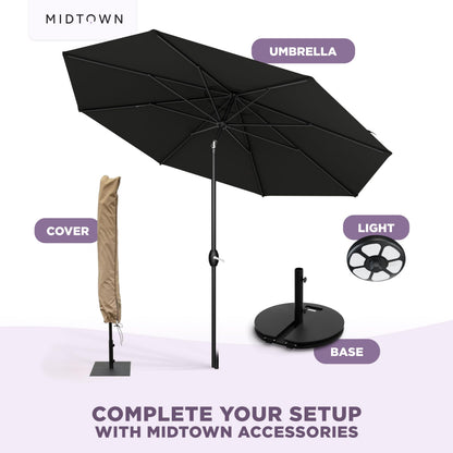 Midtown Umbrellas - The Lean 9 Ft Patio Umbrella with Fade-Resistant Sunbrella Fabric, Auto-Tilt Aluminum Frame and 8 Reinforced Ribs for Deck, Pool & Garden - Black Canopy, Black Pole
