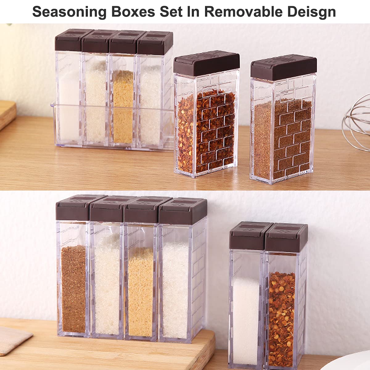 Anberky 12 PCS Spice Shaker Jars, Salt and Pepper Shakers Set, Seasoning Shaker Boxes Condiment Set, Plastic Spice Dispenser Cases Clear Seasoning Storage Container Bottles with Lid & Tray (#A)
