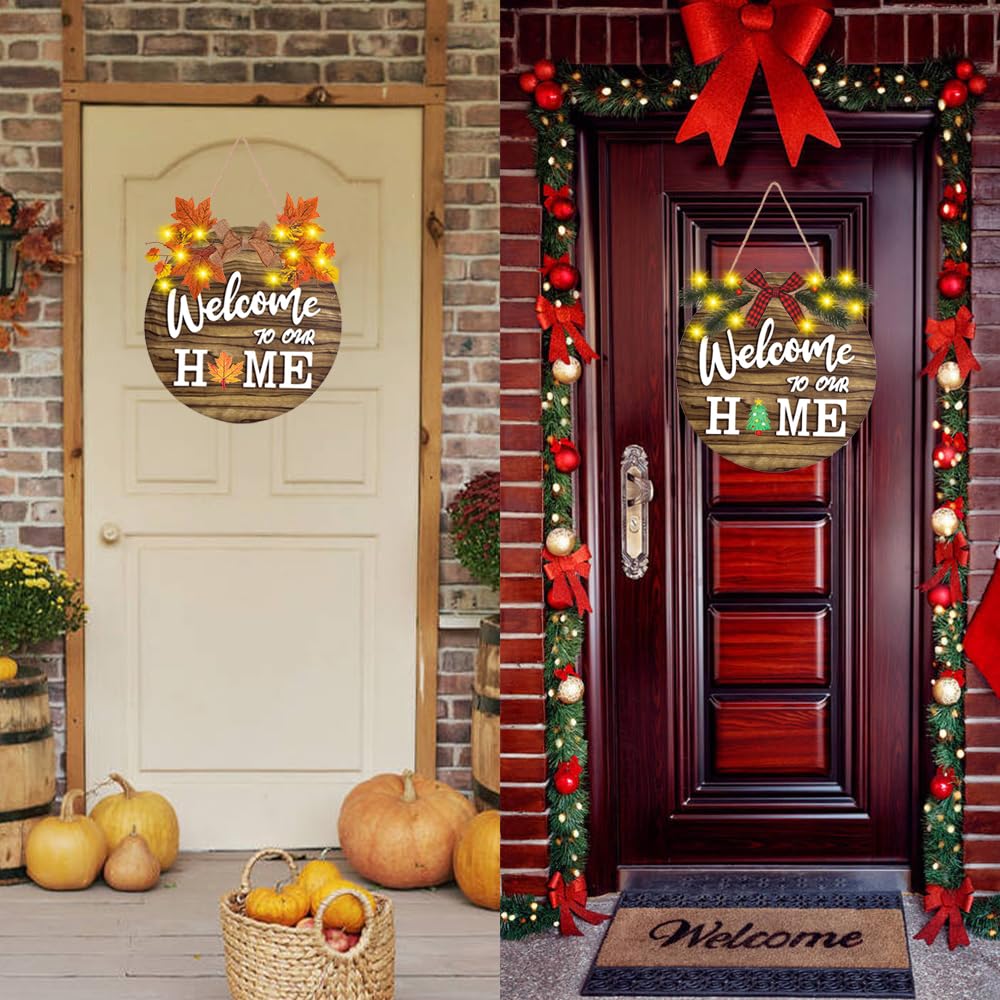 Interchangeable Welcome Home Sign, Front Door Decor With 4 Seasonal Wreaths and 21 Changeable Icons, Rustic Wood Wall Porch Hanger for Holiday Halloween Christmas Housewarming Gift (Brown)