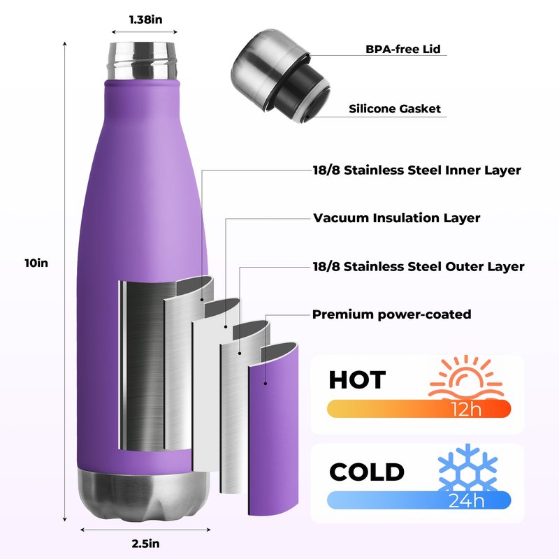 MEWAY 17oz Sport Water Bottle 12 Pack Vacuum Insulated Stainless Steel Leak-Proof Double Wall Cola Shape Water Bottle,Keep Drinks Hot & Cold (Purple,12 Pack)