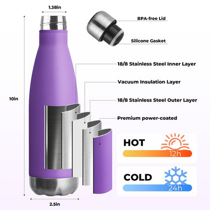 MEWAY 17oz Sport Water Bottle 12 Pack Vacuum Insulated Stainless Steel Leak-Proof Double Wall Cola Shape Water Bottle,Keep Drinks Hot & Cold (Purple,12 Pack)