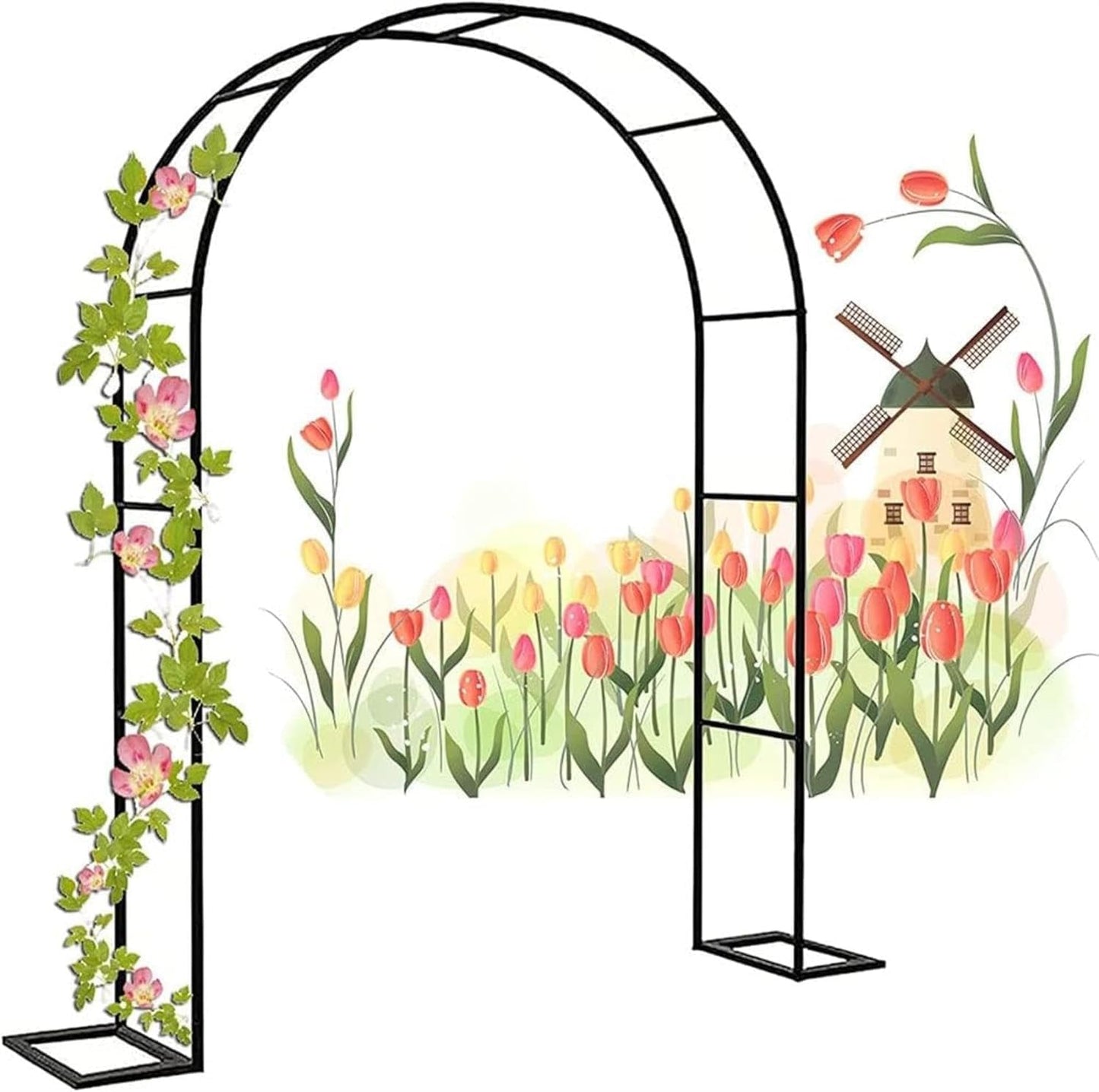 Metal Garden Arch for Climbing Plants and Rose Trees Large Outdoor Wedding Arch Stand with Party Decorations (Black W1.4M*H2.3meters)