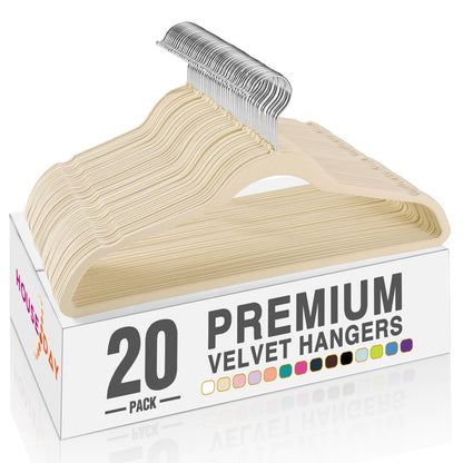 HOUSE DAY Beige Velvet Hangers 20 Pack, Non Slip Clothes Felt Hanger Heavy Duty for Coat, Premium Slim Space Saving Suit Hangers for Closet Organizer, 360° Rotating Silver Hook