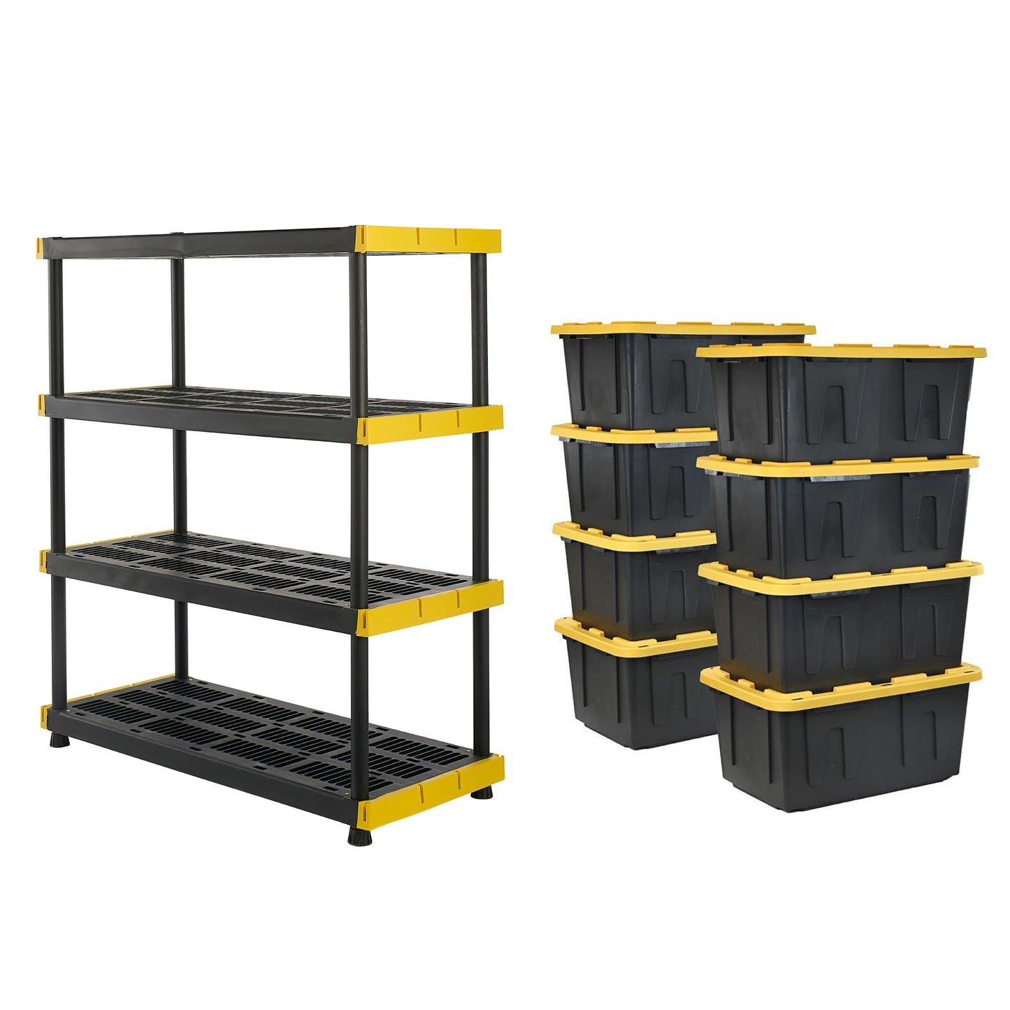 CX Black & Yellow 4-Tier Heavy Duty Storage Shelves and 8 Heavy Duty Storage Bins with Lids, 4 Shelves that Support up to 200lbs/shelf + 27 Gallon Containers (8-Pack), Organization and Storage