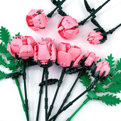 Pink Rose Flower Building Set-10pcs Roses & 2pcs Leaves Botanical Collection, Artificial Flowers for Home Décor, Rose Bouquet Building Kit for Valentine’s Day Christmas Birthday Anniversary (No Vase)