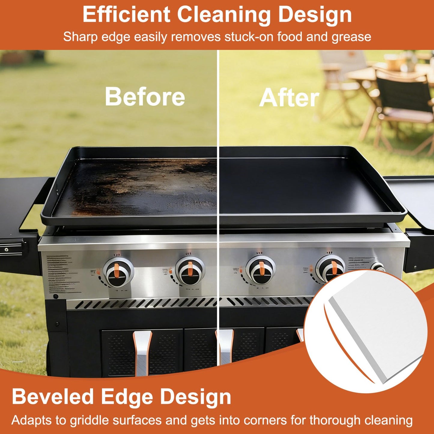 POTWIY Heavy Duty Griddle Scraper, 5.3" Wide, Sharp Stainless Steel Scraper with Full Tang Silicone Handle, Great BBQ Cleaning Tool for Flat Top Grill & Griddle Cleaning Accessories (1 Pack, Large)