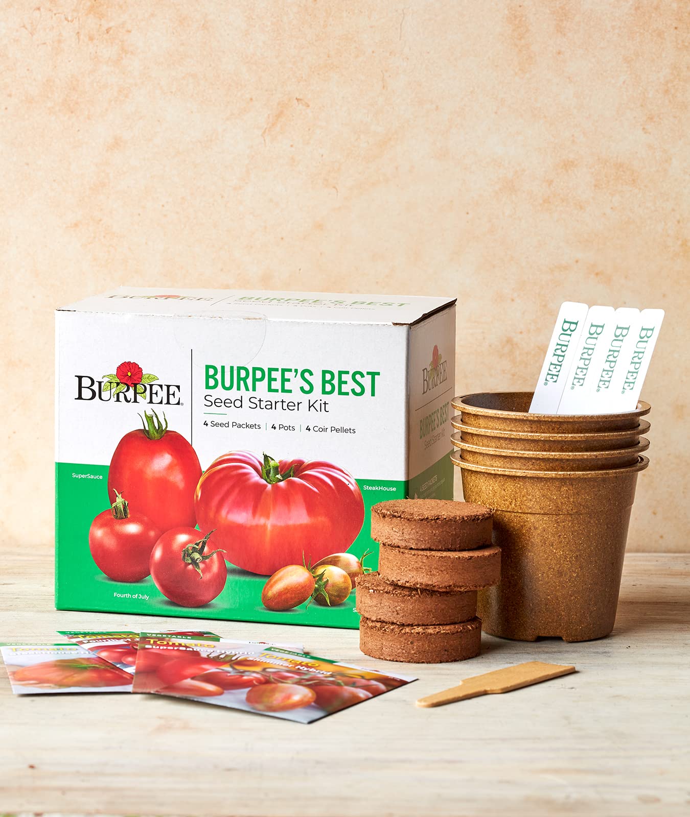 Burpee Best Starter Kit, SuperSauce, Fourth of July, Shimmer & Steakhouse, 4 Tomato Seed Packets, 4 Pots, 4 Coir Pellets & 4 Plant Markers